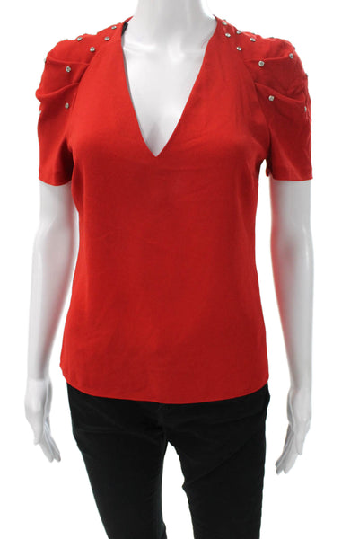 Zara Women Basic Red V-Neck Short Sleeve Polyester Blend Blouse Size S