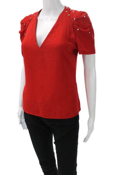 Zara Women Basic Red V-Neck Short Sleeve Polyester Blend Blouse Size S