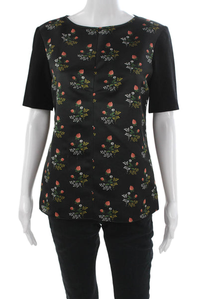Derek Lam Women Tunic Blouse Black Floral Round Neck Short Sleeve Zip Size M