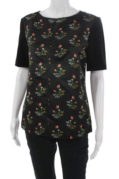 Derek Lam Women Tunic Blouse Black Floral Round Neck Short Sleeve Zip Size M