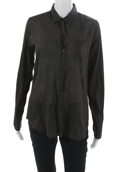 Nili Lotan Women Collared Cotton Button-Up Long Sleeve Top Green Basic Size S