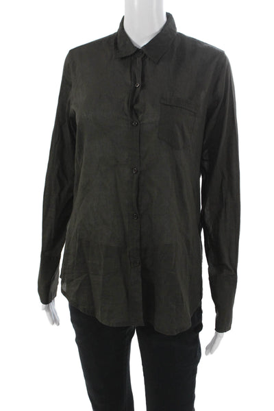 Nili Lotan Women Collared Cotton Button-Up Long Sleeve Top Green Basic Size S