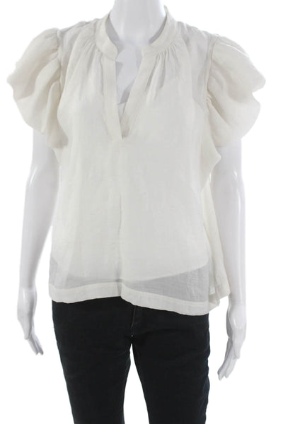 Jonathan Simkhai Women White V-Neck Tencel Blouse Short Sleeve Size M