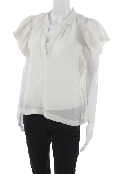 Jonathan Simkhai Women White V-Neck Tencel Blouse Short Sleeve Size M