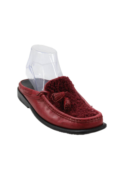 Tods Womens Leather Fuzzy Detail Slip On Flat Mules Shoes Red Size 7