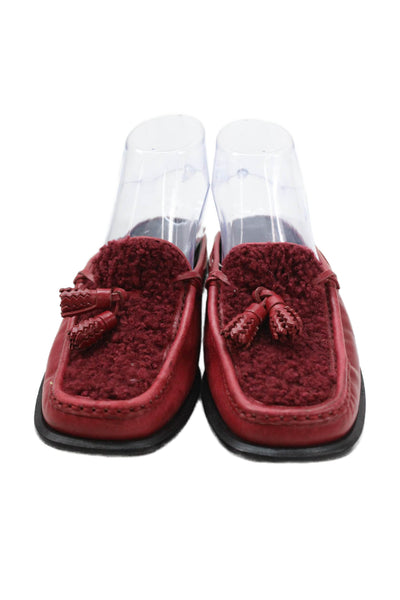 Tods Womens Leather Fuzzy Detail Slip On Flat Mules Shoes Red Size 7
