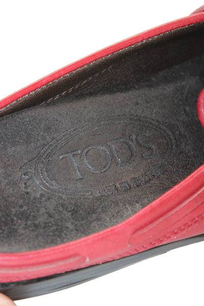 Tods Womens Leather Fuzzy Detail Slip On Flat Mules Shoes Red Size 7