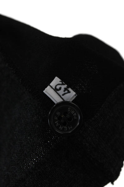 Hermes Womens Basic Black Wool Button-Up Round Neck Long Sleeve Sweater Size M