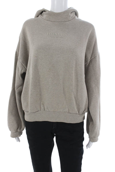 Essentials Unisex Pullover Hoodie High Neck Cotton Blend Beige Size XS
