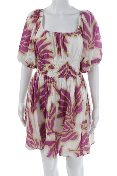 Tanya Taylor Women Mini Floral Cotton Square Neck Short Sleeve Dress Size M