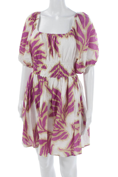 Tanya Taylor Women Mini Floral Cotton Square Neck Short Sleeve Dress Size M