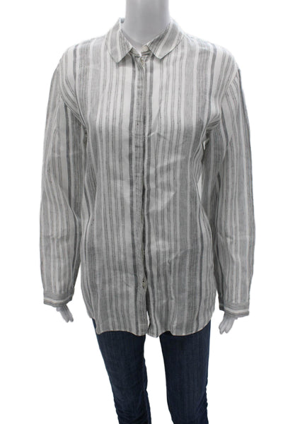 Lafayette 148 New York Women Linen Striped Collared Button-Up White Size L