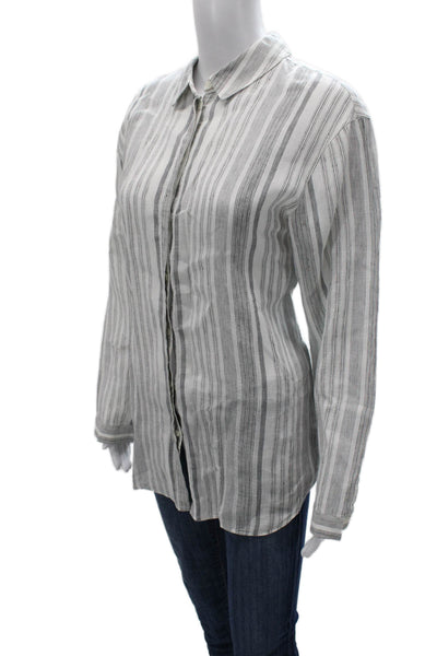 Lafayette 148 New York Women Linen Striped Collared Button-Up White Size L