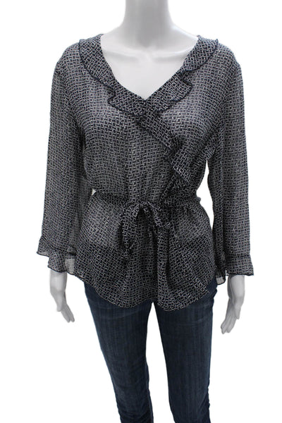 Harolds Womens Basic Silk Blue Geometric V-Neck Long Sleeve Blouse Size 12