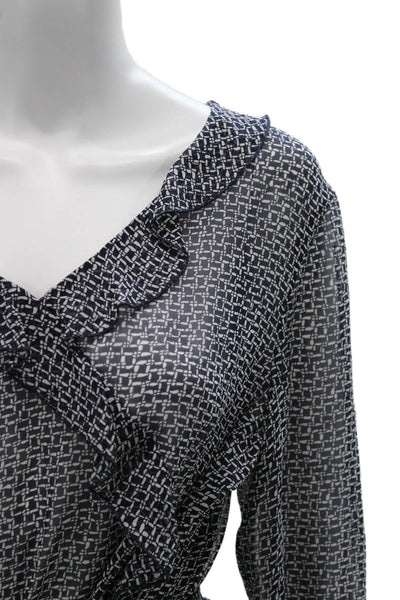 Harolds Womens Basic Silk Blue Geometric V-Neck Long Sleeve Blouse Size 12