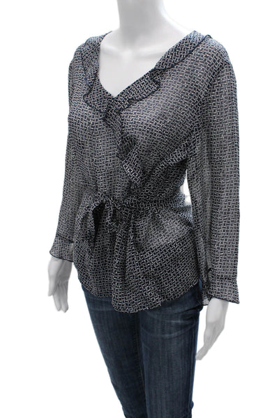 Harolds Womens Basic Silk Blue Geometric V-Neck Long Sleeve Blouse Size 12