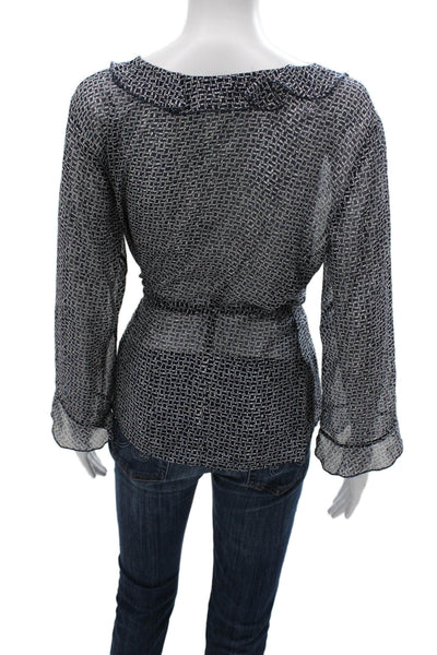 Harolds Womens Basic Silk Blue Geometric V-Neck Long Sleeve Blouse Size 12