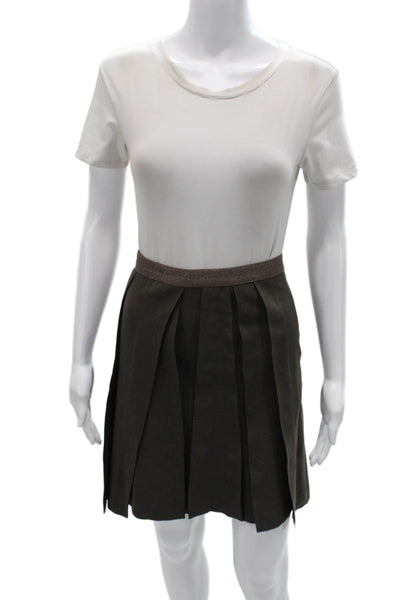 Brunello Cucinelli Womens Pleated Wool Knee Length Skirt Brown Zip Size 10