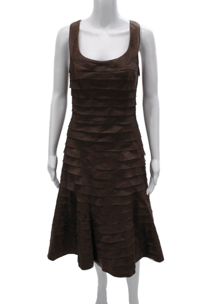 Carmen Marc Valvo Womens Fit & Flare Silk Brown Sleeveless Dress Size 14