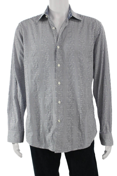 Robert Graham Mens Button Front Collared Striped Shirt White Navy Size Large