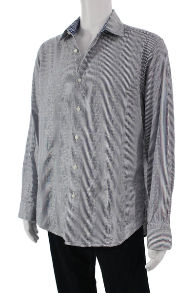 Robert Graham Mens Button Front Collared Striped Shirt White Navy Size Large