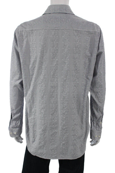 Robert Graham Mens Button Front Collared Striped Shirt White Navy Size Large