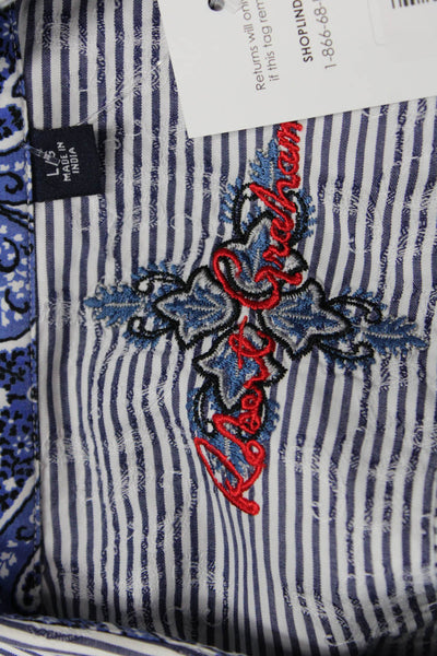 Robert Graham Mens Button Front Collared Striped Shirt White Navy Size Large