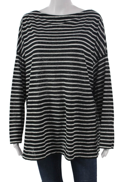 Allsaints Womens Tunic T Shirt Black Striped Boat Neck Long Sleeve Size L