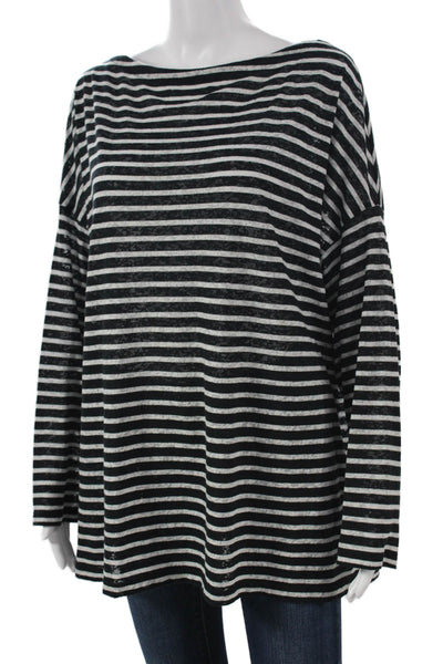 Allsaints Womens Tunic T Shirt Black Striped Boat Neck Long Sleeve Size L
