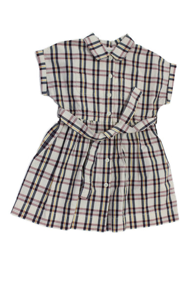 Bonpoint Girls Cotton Plaid Collar Short Sleeve Belted Dress Brown Size 4A