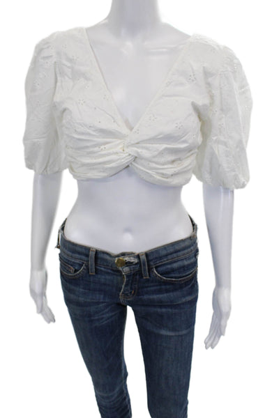 Zara Womens Cropped White Cotton V-Neck Blouse Short Sleeve Pullover Size S