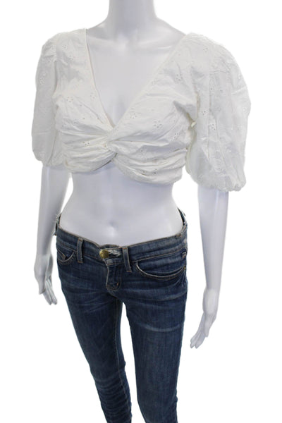 Zara Womens Cropped White Cotton V-Neck Blouse Short Sleeve Pullover Size S