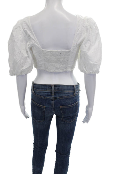 Zara Womens Cropped White Cotton V-Neck Blouse Short Sleeve Pullover Size S