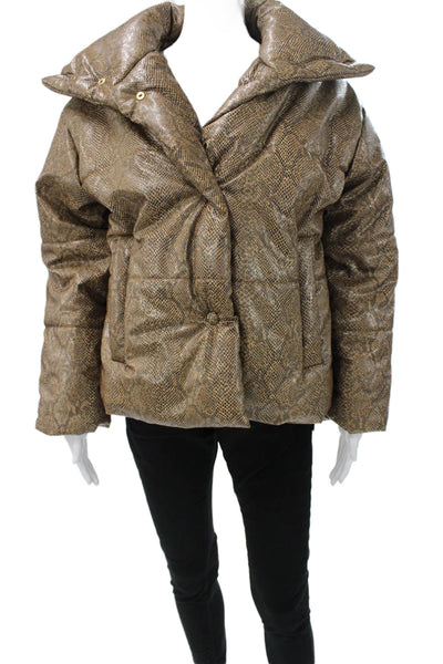 Nanushka Womens Puffer Jacket Brown Animal Print Long Sleeve Button Size XS