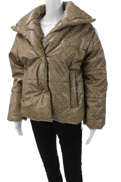 Nanushka Womens Puffer Jacket Brown Animal Print Long Sleeve Button Size XS