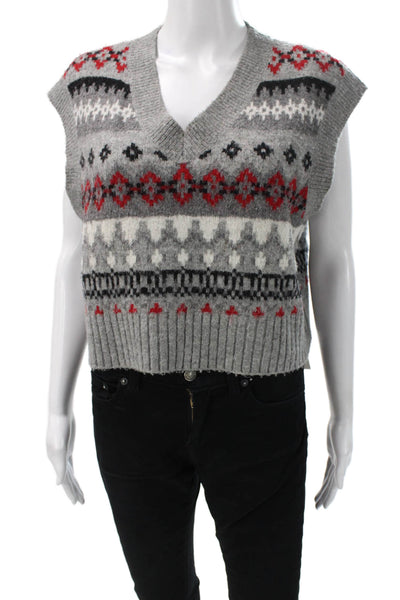 L'Academie Women Gray Fair Isle V-Neck Sleeveless Vest Acrylic Size XS