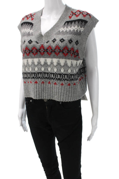L'Academie Women Gray Fair Isle V-Neck Sleeveless Vest Acrylic Size XS