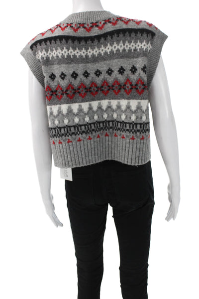 L'Academie Women Gray Fair Isle V-Neck Sleeveless Vest Acrylic Size XS