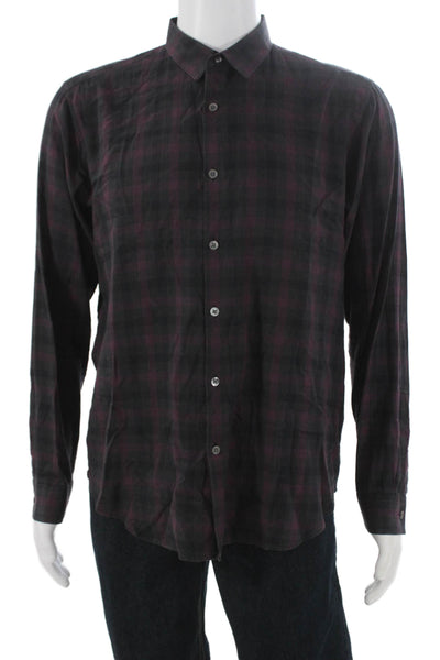 Theory Mens Checkered Collared Long Sleeve Button-Down Shirt Black Size L