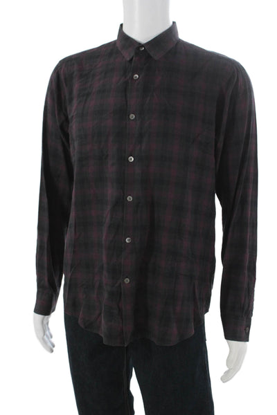 Theory Mens Checkered Collared Long Sleeve Button-Down Shirt Black Size L