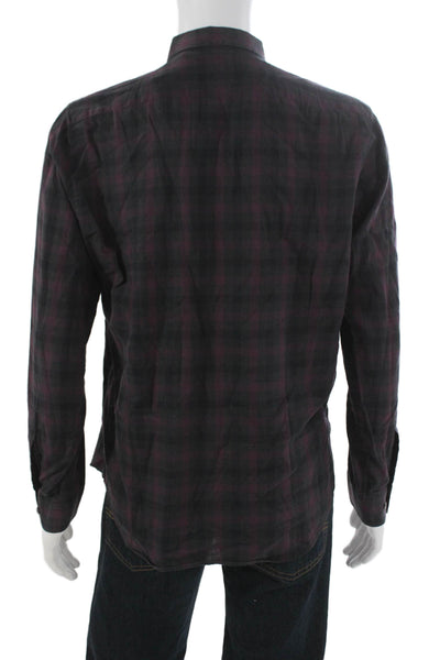 Theory Mens Checkered Collared Long Sleeve Button-Down Shirt Black Size L