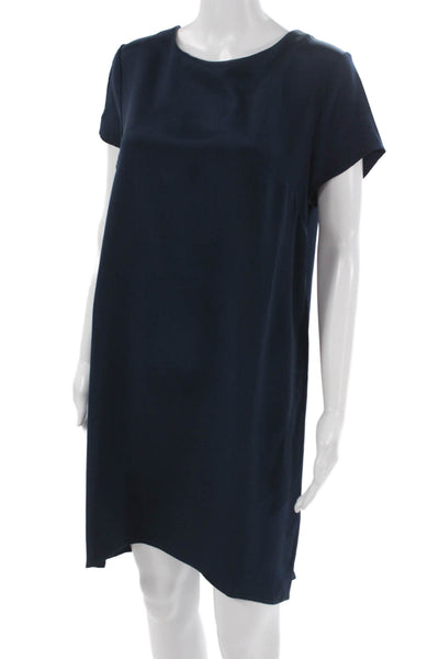 Cuyana Womens Shift Dress Silk Blue Short Sleeve Round Neck Knee Length Size M