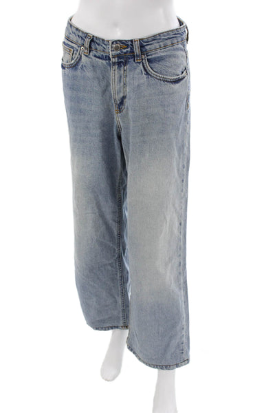 Zara Womens Wide Leg Jeans Blue 100% Cotton High Rise Button Size 4