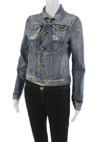 7 For All Mankind Womens Basic Jacket Blue Cotton Button Long Sleeve Size S
