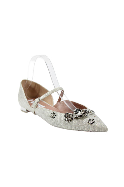 Aquazzura Womens Floral Applique Pointed Toe Ballet Flats Silver Size 39 9