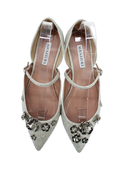 Aquazzura Womens Floral Applique Pointed Toe Ballet Flats Silver Size 39 9