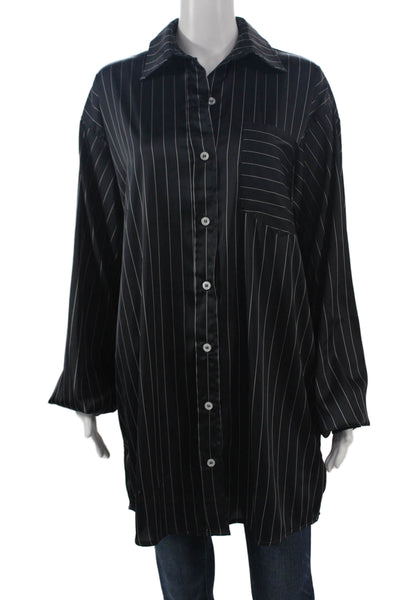 Elleme Paris Womens Striped Collared Tunic Button-Up Black Polyester Size M