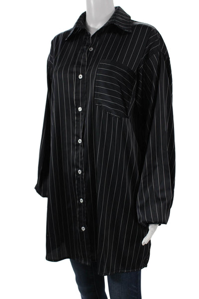 Elleme Paris Womens Striped Collared Tunic Button-Up Black Polyester Size M
