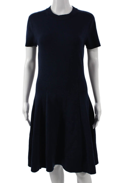 Yigal Azrouel Women A-Line Blue Wool Short Sleeve Crew Neck Dress Size S
