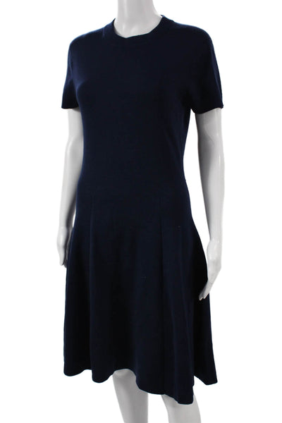 Yigal Azrouel Women A-Line Blue Wool Short Sleeve Crew Neck Dress Size S